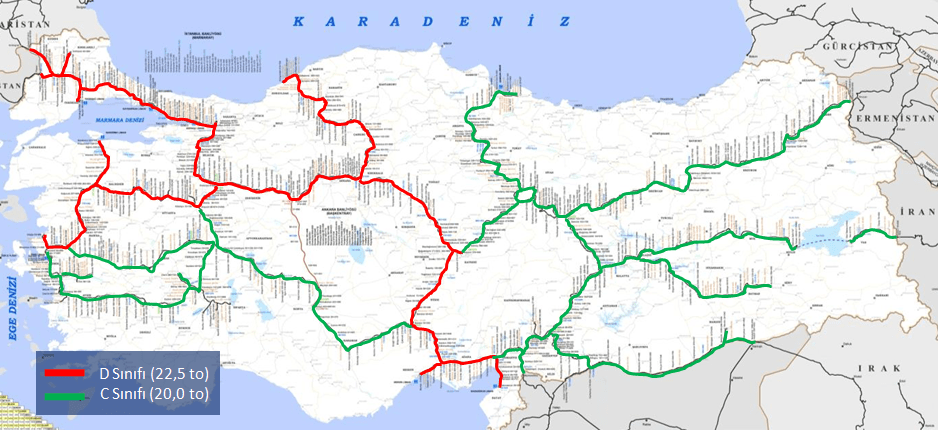 Türkiye Demiryolu Dingil Basıncı Haritası, Harita: TCDD, İllustrasyon: Rail Turkey