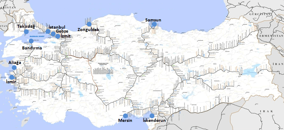 Türkiye Demiryolu Bağlantılı Limanlar, Harita: TCDD, İllustrasyon: Rail Turkey