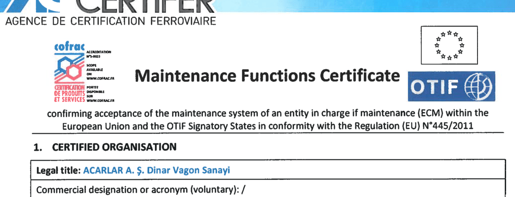 257 - Acarlar Vagon Bakım Sertifikası