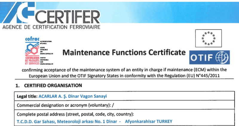 257 - Acarlar Vagon Bakım Sertifikası